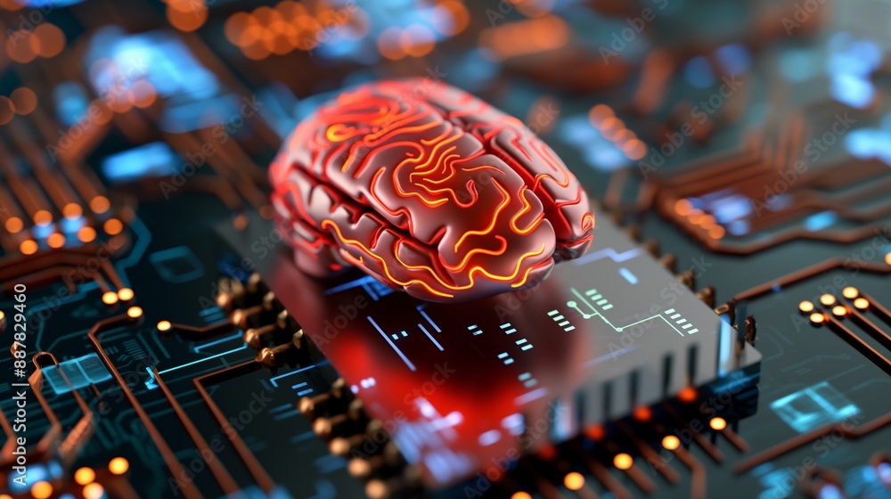 Poster a computer chip with a brain on it. the brain is red and glowing. the chip is on a black background
