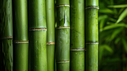 Fototapeta premium Green Bamboo Shoots, Each With Visible Texture And Details, Set Against The Lush Background Of An Asian Garden