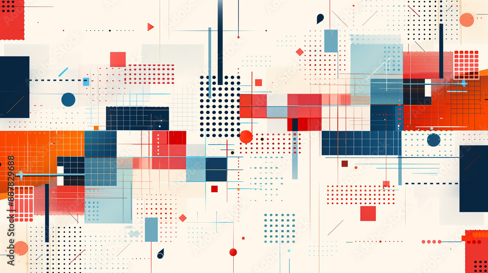 Poster illustration of red and blue colored geometric shapes pattern representing abstract background