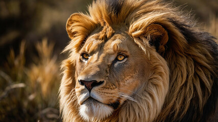 Fototapeta premium Majestic male lion with a full, golden mane staring intently amid the dry, grassy savannah landscape.