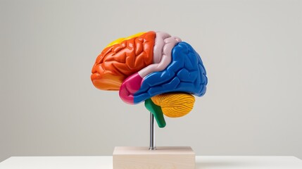 A colorful brain model is displayed on a wooden stand. The model is made of plastic and is designed to show the different parts of the brain. The colors of the model are red, blue, and yellow