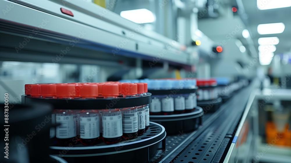 Poster a close-up view of a conveyor belt system transporting samples in a laboratory environment.