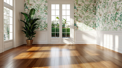 Fototapeta premium Interior of classic house with wooden floor and colorful wallpaper 