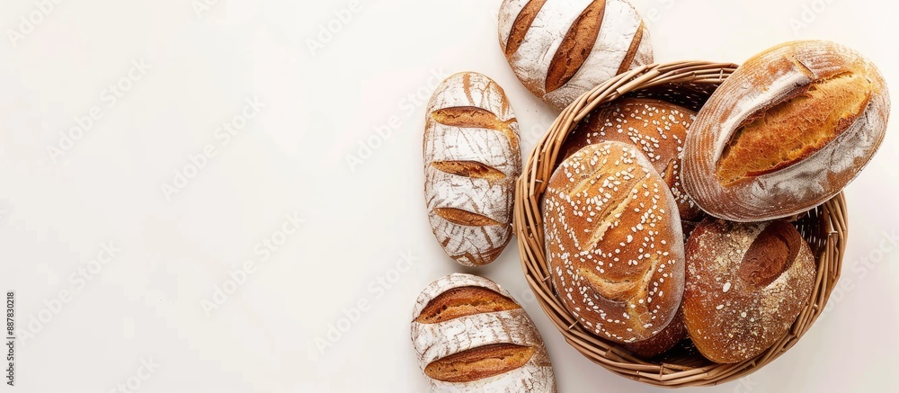 Leinwandbilder An assortment of fresh bread in a basket isolated on a white background Perfect for food concepts with room for text Creative top down display with space for additional text