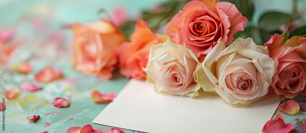 Fototapete Fresh roses arranged decoratively on a color background with an empty white paper sheet for text providing a floral visual with plentiful copy space image