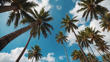 Vintage tropical beach view palm trees, blue sky, travel concept from below perspective