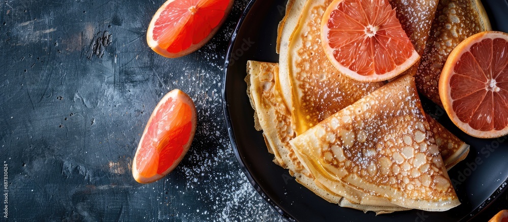 Poster rustic top view of tasty fresh grapefruit crepes on a table with copy space image ideal for a health