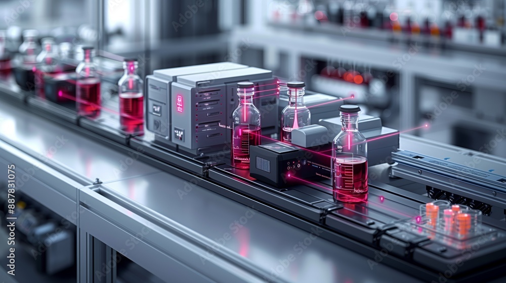 Poster a 3d rendering of a laboratory automation system, featuring a conveyor belt transporting glass vials