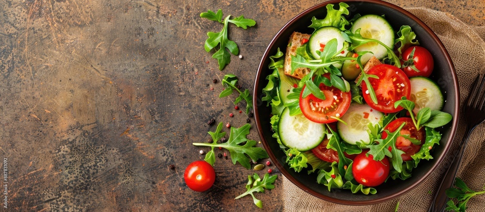 Poster top view of a bowl with a salad consisting of spelt cereal fresh seasonal vegetables like tomatoes a