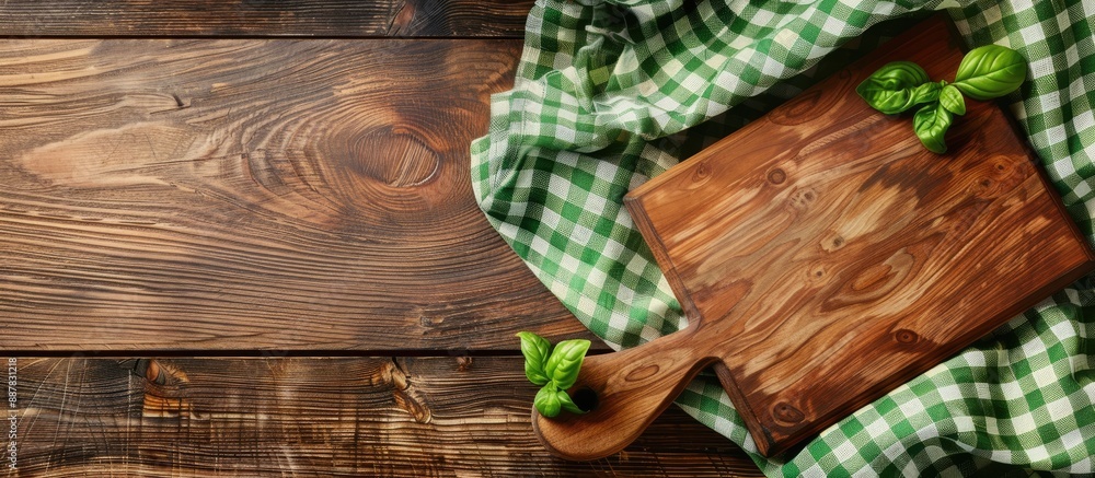 Poster wooden table with a green tablecloth and a cutting board mockup ideal for online presentations with 