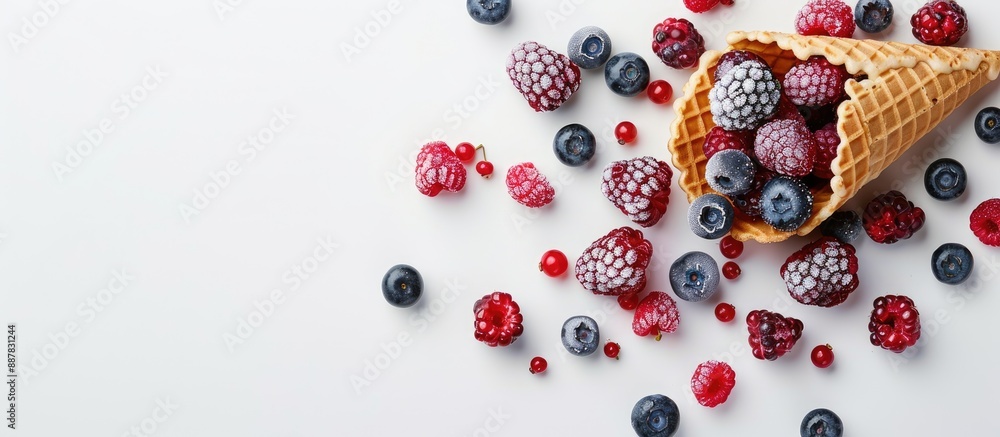 Aufkleber frozen berries spill from a waffle ice cream cone on a white backdrop embodying a summer theme with 