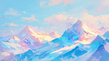 Digital painting of snowy mountain range with blue and pink colors with copy space text for nature, travel, and winter design.