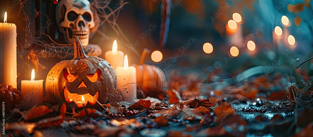 Poster Spooky Halloween themed background with pumpkins candles and a skeleton creating a captivating copy space image
