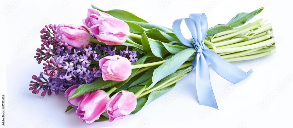 Aufkleber a bouquet of tulips and lilac flowers with a ribbon and cyan blue label isolated on a white backgrou