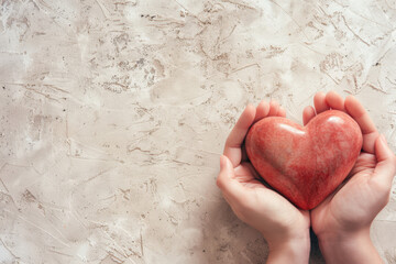 Pair of hands holding a red heart on a concrete background for international day of charity