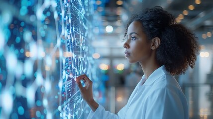 A woman in a white lab coat interacts with a large interactive wall displaying data visualizations.