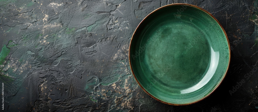 Fototapete top view of an empty classic green plate on a dark rough table surface with ample copy space for men