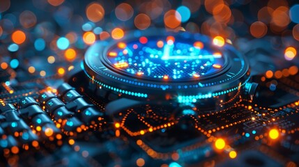 A close-up image of a futuristic wearable biosensor with a glowing blue digital display, representing the potential of technology in managing chronic diseases.