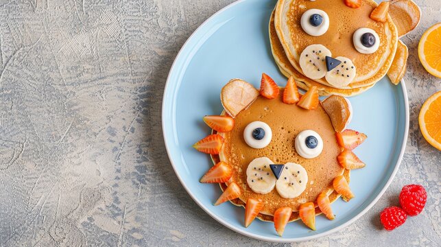 Pancakes decorated as lion faces with fruit manes, animal face food, creative breakfast