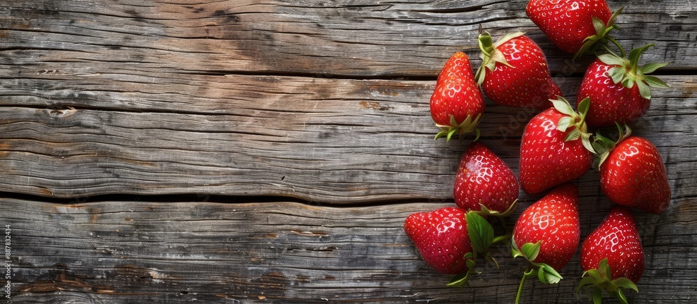 Aufkleber Strawberries placed on wooden surface creating a beautifully rustic background with copy space image for text
