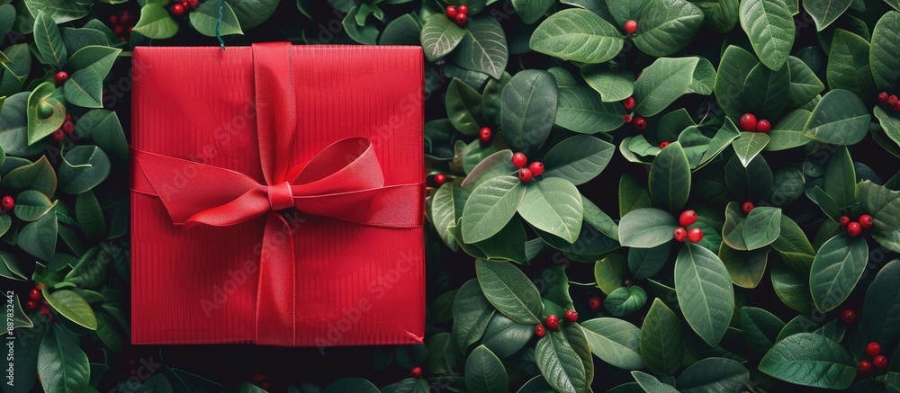 Poster Appealing red gift box featuring a ribbon set against a lush green backdrop ideal for adding a message or design in the copy space image