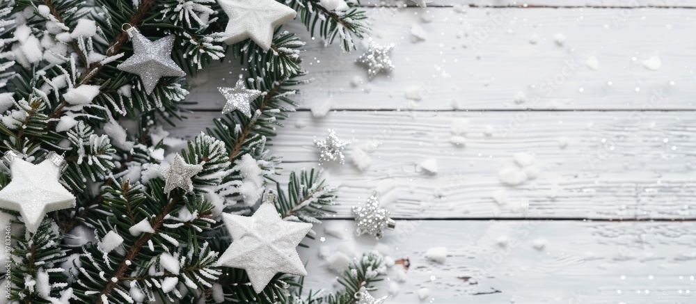 Poster snow covered christmas tree with silver stars on a white wooden backdrop forming a winter frame with