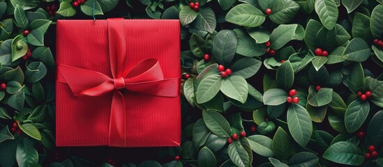 Appealing red gift box featuring a ribbon set against a lush green backdrop ideal for adding a message or design in the copy space image