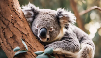 Fototapeta premium koala sleeping in a eucalyptus tree, warm afternoon 