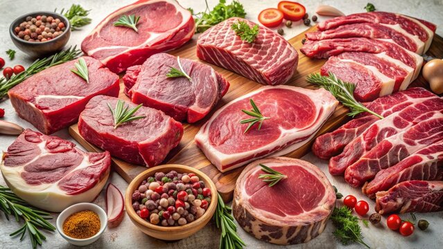 A precise and visually appealing illustration of assorted fresh beef and pork cuts, skillfully arranged on a clean background.