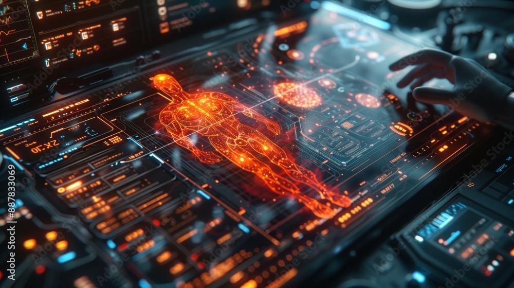Poster a digital animation depicting the workflow of a human body analysis system, with a glowing human fig