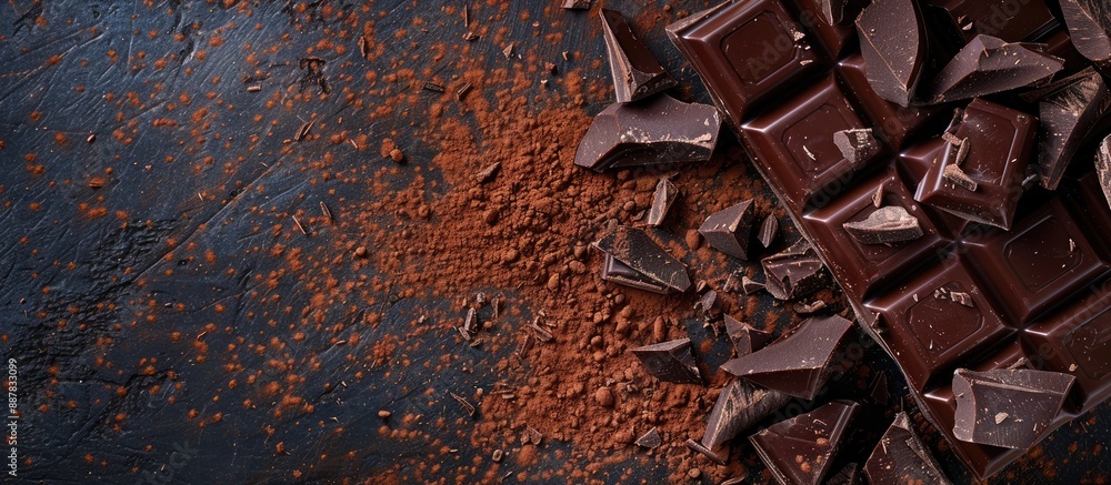 Poster dark background with broken chocolate pieces and cocoa powder creating a visually appealing copy spa