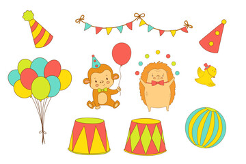 Obraz premium Cute circus monkey with hat and balloon. Funny animal. Hand drawn color illustration for kids