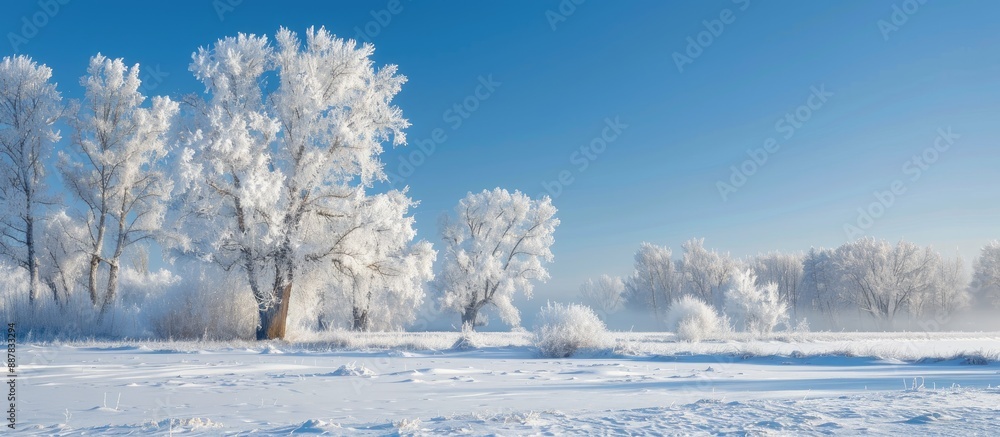 Poster In the chilly northern winter a blanket of white snow and frost envelops everything creating a serene landscape with a captivating copy space image