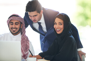 Islamic, teamwork and business people in portrait with laptop, planning and office for oil project....