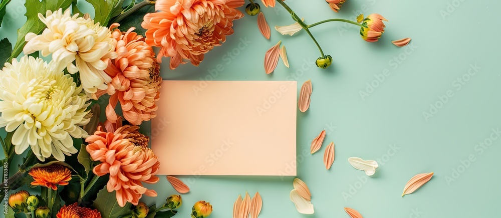 Leinwandbilder chrysanthemums and a blank card on a light green background for a flat lay composition with copy spa