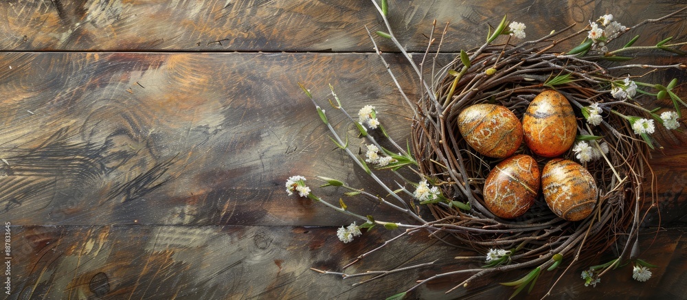Poster create an easter card design featuring easter eggs willow twigs and copy space image