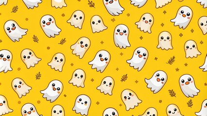 Halloween ghost seamless pattern background. Holidays cute ghost cartoon character. yellow background