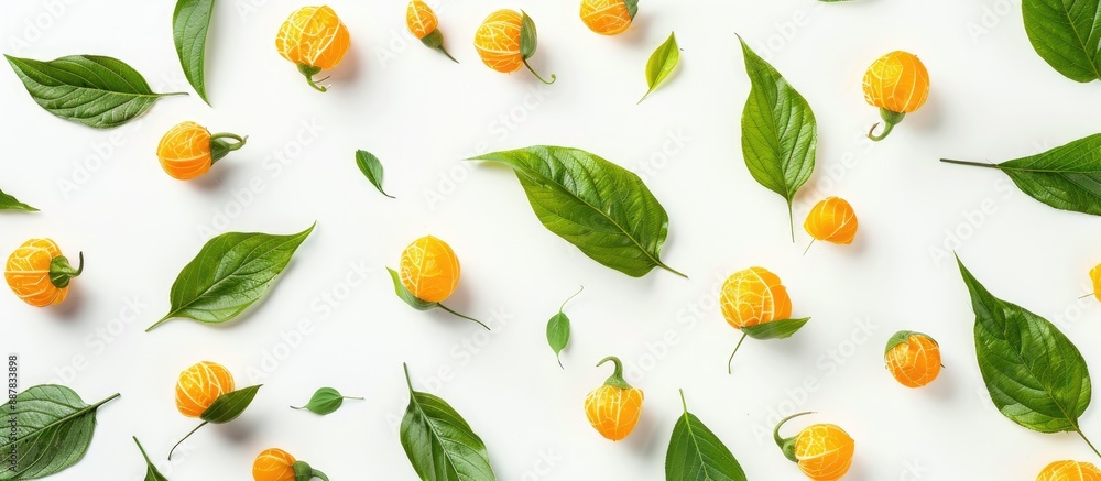 Aufkleber Top view physalis with leaves on a white backdrop for your text in a flat lay pattern providing copy space image