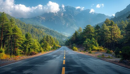 Naklejka premium Asphalt Road Leading Through a Forest to Mountains