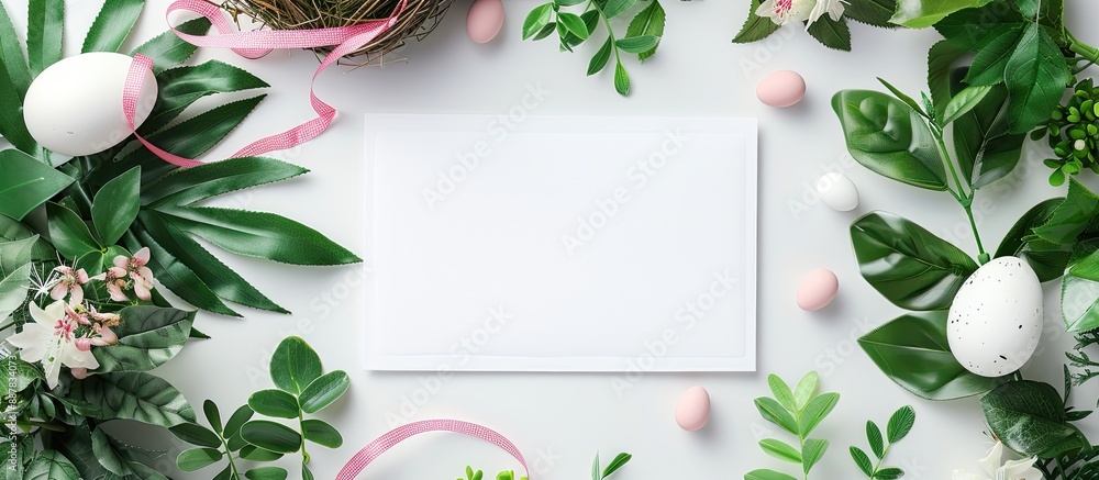 Aufkleber Invitation card mockup featuring easter eggs ribbons and a nest on a white background frame surrounded by plants with a postcard and copy space image of an easter egg