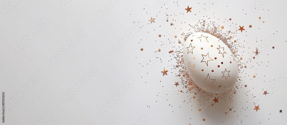 Poster White Easter egg adorned with glittering stars set against a white backdrop creating a minimalistic Easter theme for a greeting card featuring ample copy space Top down view in flat lay style