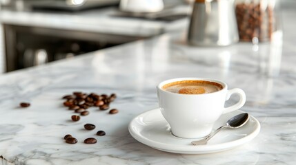 Fototapeta premium A Cup of Espresso with Coffee Beans on a Marble Counter.