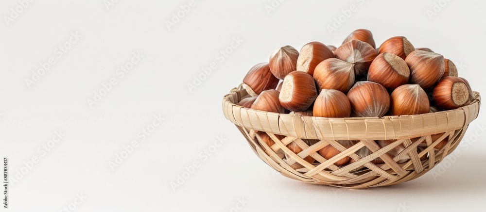 Poster image of hazelnuts and shells in a bamboo bowl against a white backdrop featuring ample copy space
