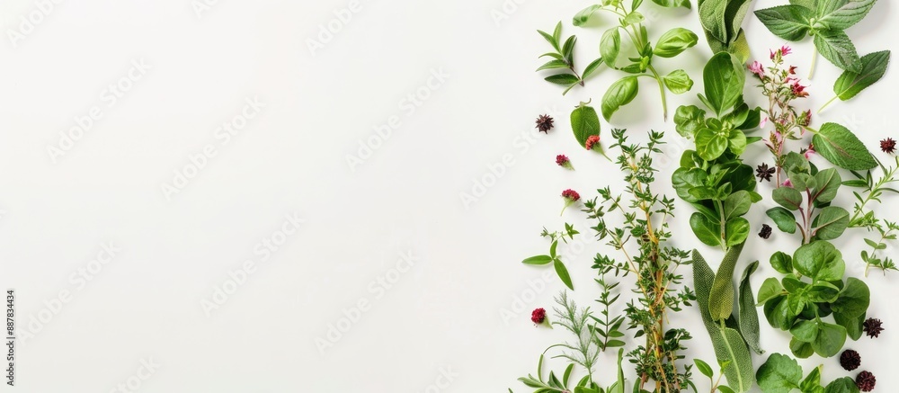 Fototapete Top view of fresh herbs for phytotherapy displayed on a white background with space for text or images commonly referred to as alternative medicine. with copy space image