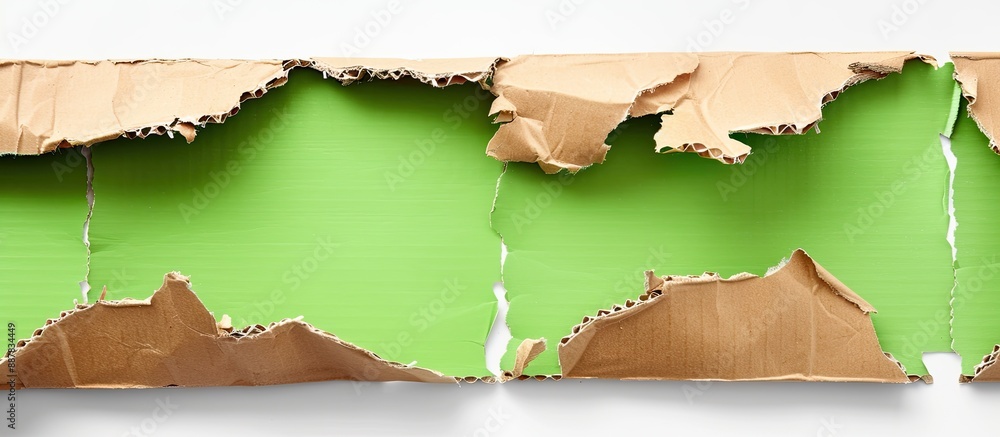 Fototapete ripped corrugated cardboard on white backdrop as a design element with a green empty background for 