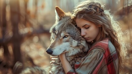 A woman hugs a wolf in the forest. Selective focus.