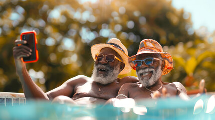 A couple of old gay men on vacation. Two elderly black men are sitting in the pool and taking selfies on a mobile phone. The scene is carefree and fun