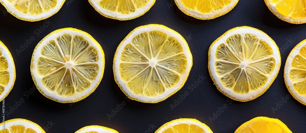 Fototapete Close up image of fresh juicy yellow lemon slices on a black background with a flat lay perspective and top view highlighting the vibrant citrus fruit Contains copy space