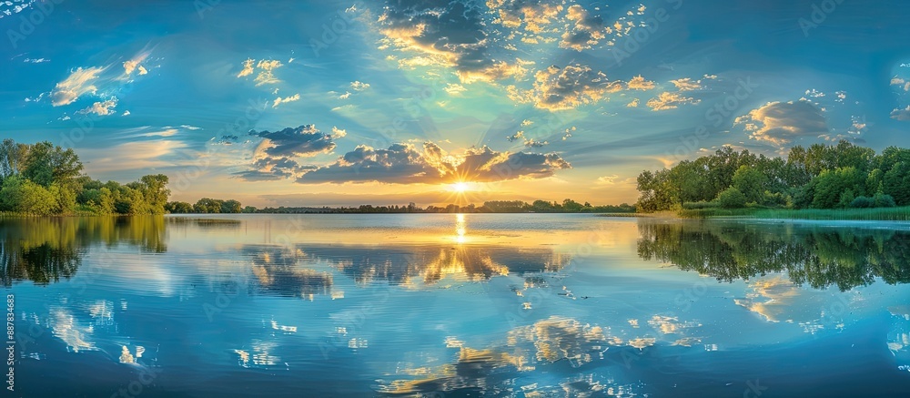 Poster a serene sunset by the lake with trees and clouds mirrored on the glassy water capturing a peaceful 