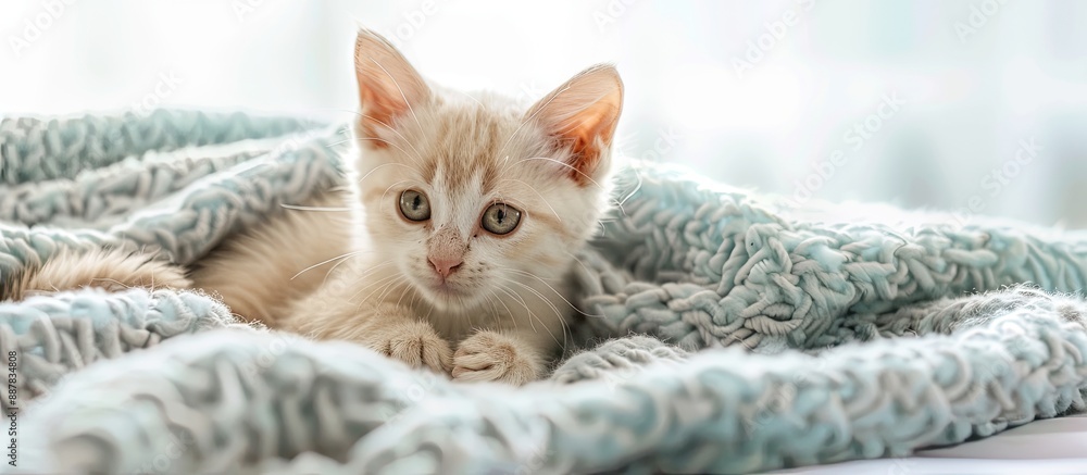Leinwandbilder a cozy scene with a white kitten featuring red stripes resting on a soft blue blanket in a home crea